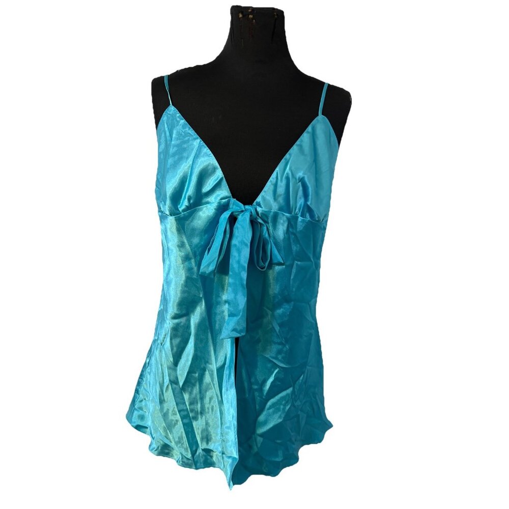 VICTORIA'S SECRET Babydoll Blue SATIN Nightgown Slip Dress Open‎ Tie Front  VTG